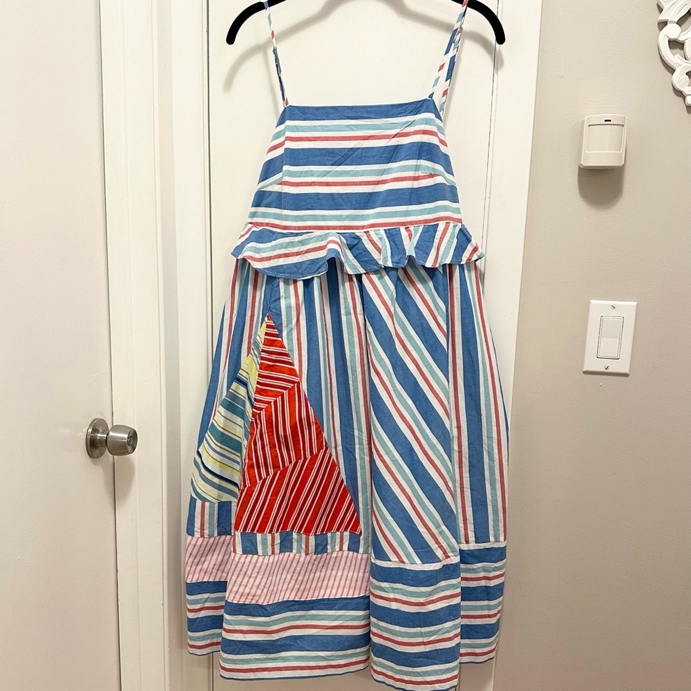 CELANDINE Anthropologie Sleeveless Knee Length Stripe Ruffle Dress M preppy NWT - Picture 4 of 10